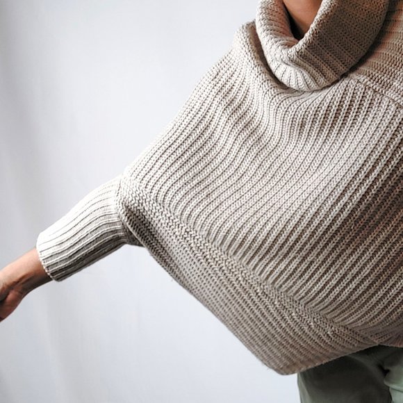 Chelsea & Theodore Ribbed Asymmetrical Cowl Neck Beige Sweater - Picture 8 of 12